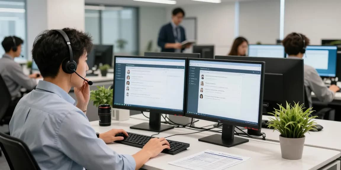 Customer service representative explaining call forwarding on O2 in a modern office