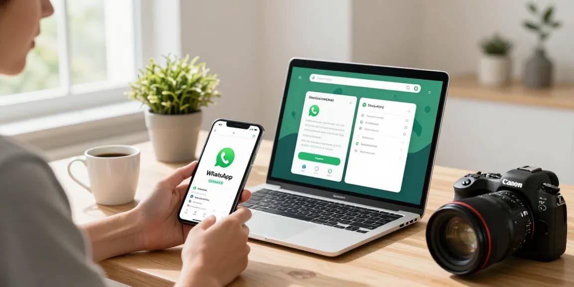 WhatsApp下載 process shown on modern devices in a cozy home office.