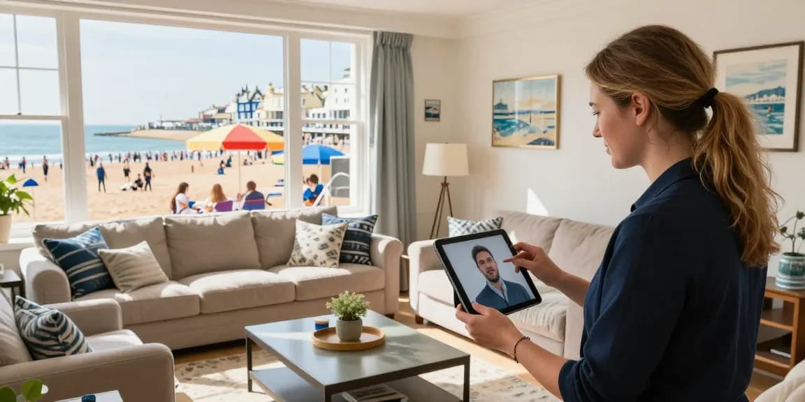 short-let property management Brighton showcased with a property manager at a coastal rental, vibrant atmosphere by the beach.