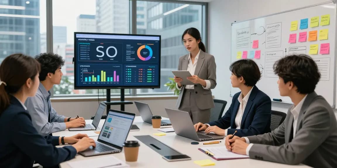 Monthly SEO packages discussion with a diverse marketing team in a dynamic office.
