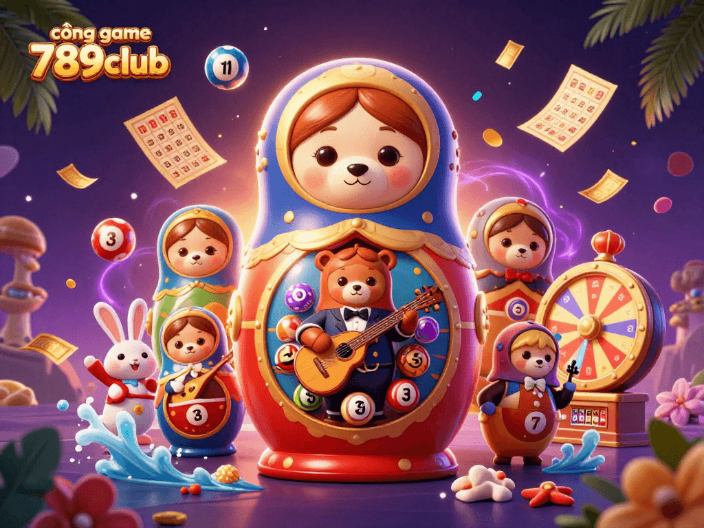 Engage with the vibrant world of cổng game 789club through a festive, lively illustration showcasing casino classics.