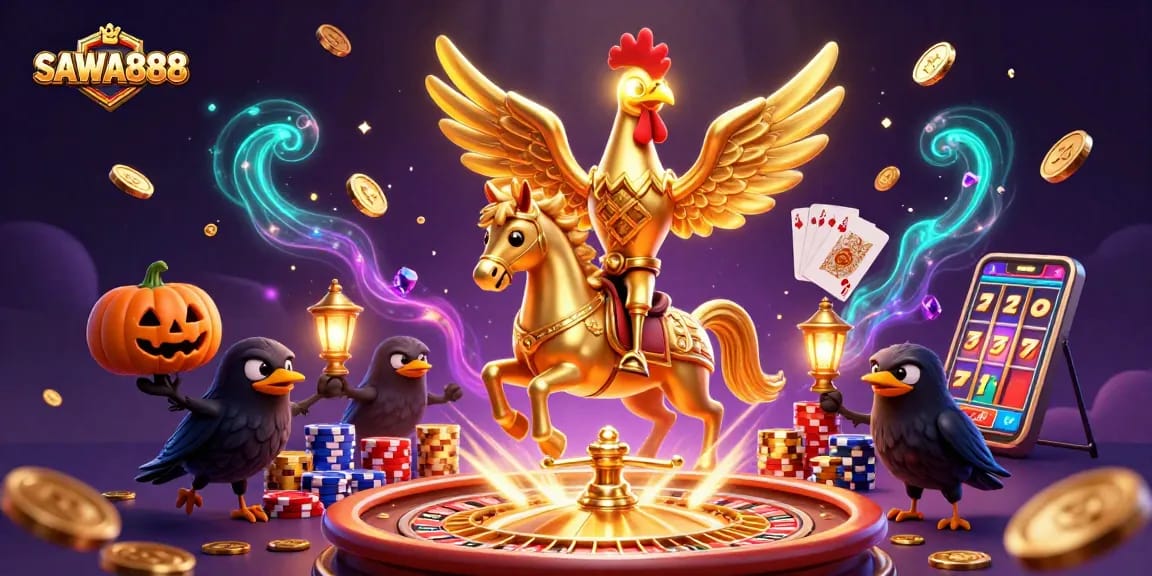 Experience the thrill of SAWA888 with a golden rooster and spooky companions in a bustling casino.