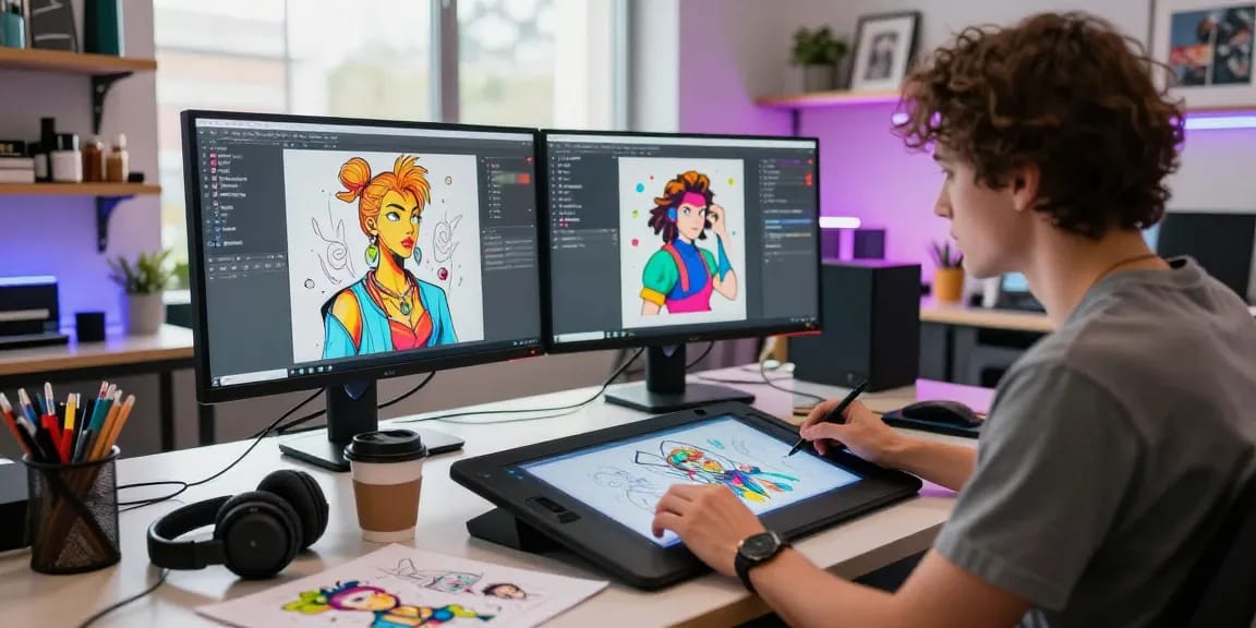 Artistic workspace generating ai nsfw content with creative tools and vibrant colors.