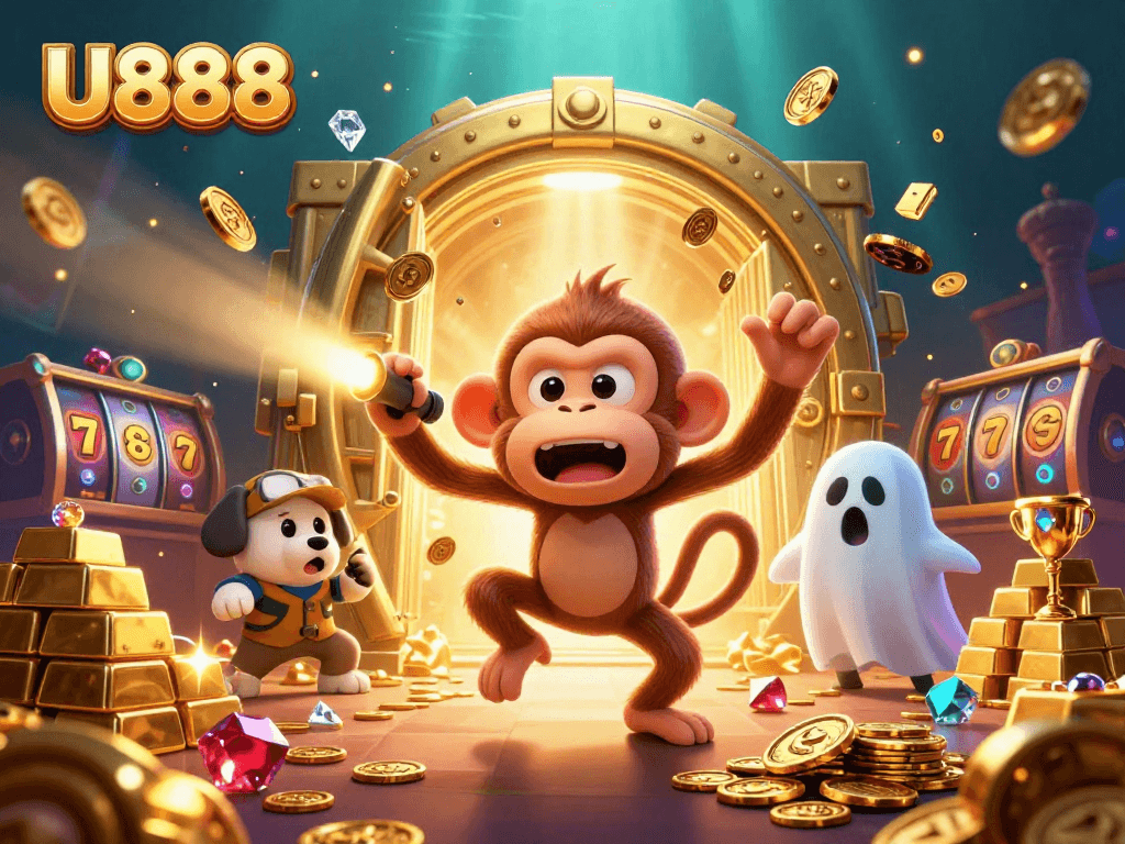 U888 players engaging in a thrilling casino adventure with golden coins flying around.