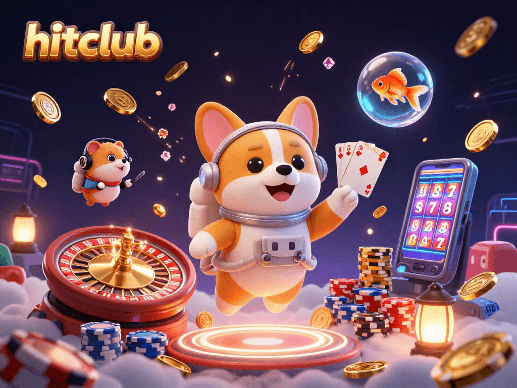 Hitclub casino scene with a floating corgi, hamster, and goldfish surrounded by sparkling slot elements.