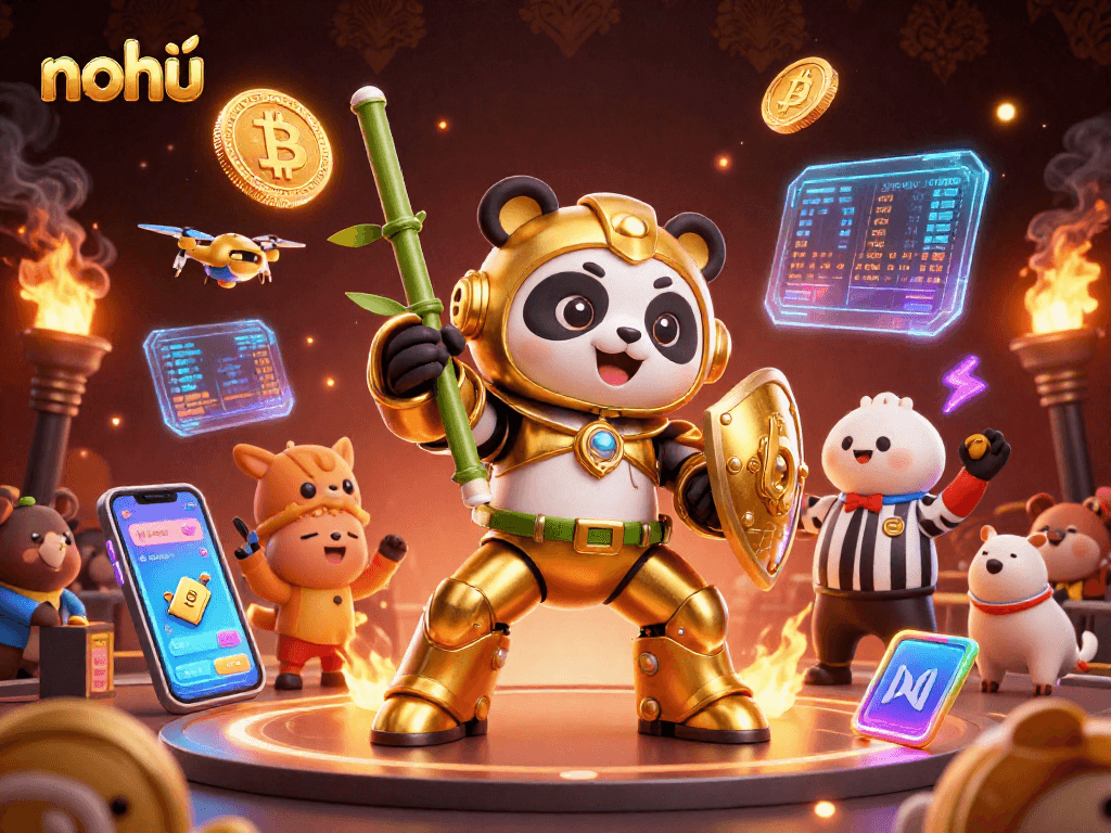 Engage in thrilling nohu gameplay, featuring a golden panda in a mech-suit amidst glowing crypto coins and dynamic elements.