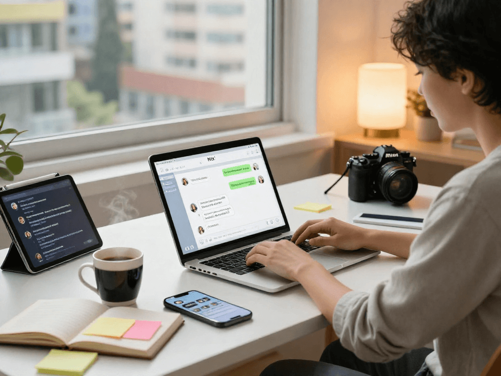Engaging workspace scene featuring nsfw AI chat on a laptop, modern desk, and vibrant city views.