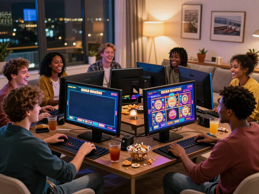 Friends enjoying a lively gaming session with uk slots not on gamstop in a modern living room.