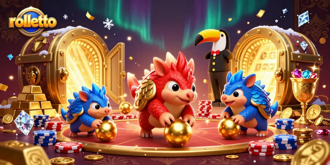 rolletto casino pangolins bowling through poker chips amidst gold treasures and festive confetti