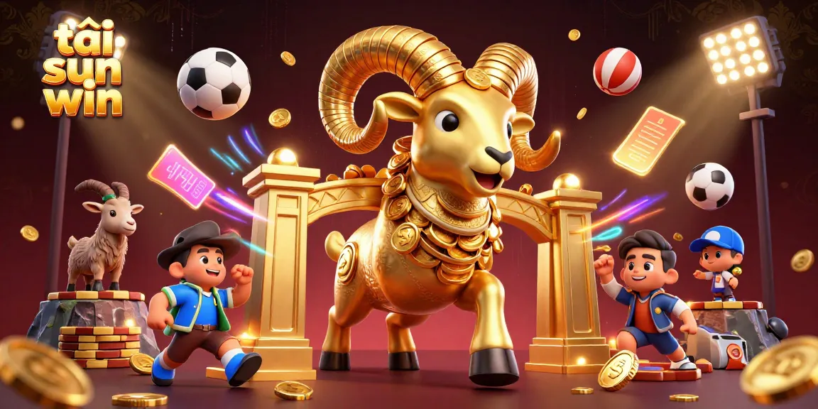 Experience the thrill of tải sun win with an epic gaming scene featuring a golden ram and dynamic sports elements.