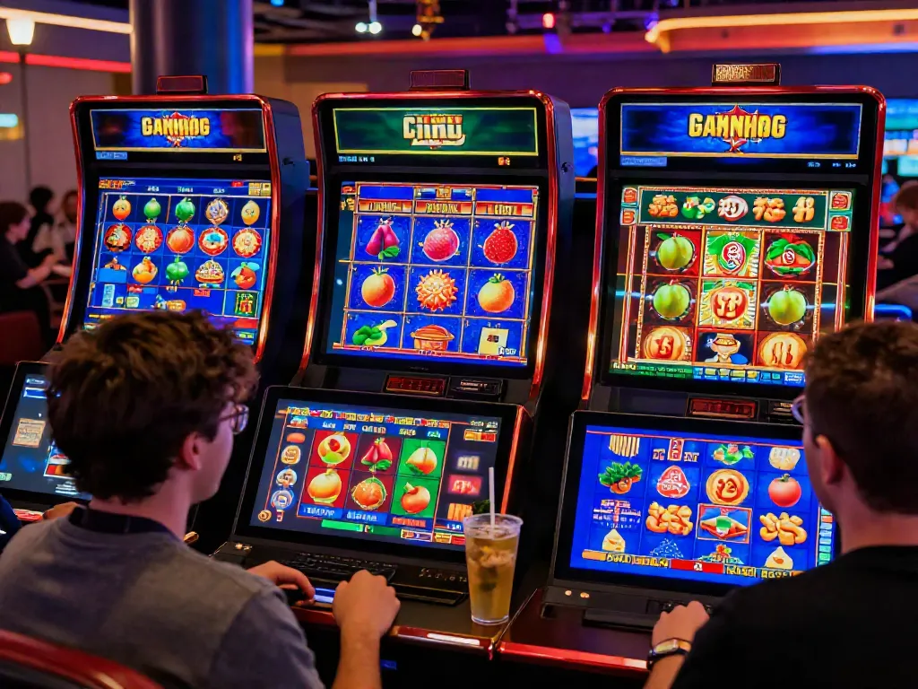 Players engaged in exciting UK slots not on Gamstop at a colorful online casino interface.