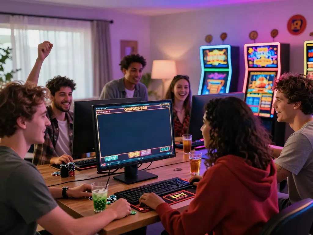 Group enjoying uk slots not on GamStop in a vibrant home casino setting