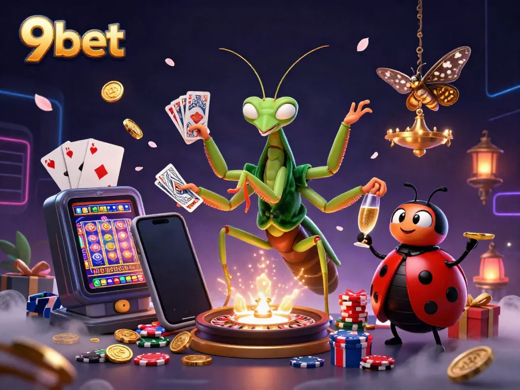 Experience vibrant gaming action with 9bet showcasing a lively casino scene featuring delightful characters.