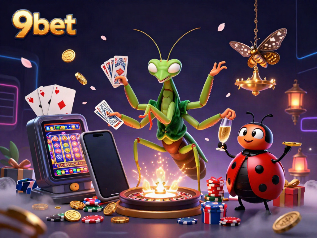 Experience vibrant gaming action with 9bet showcasing a lively casino scene featuring delightful characters.