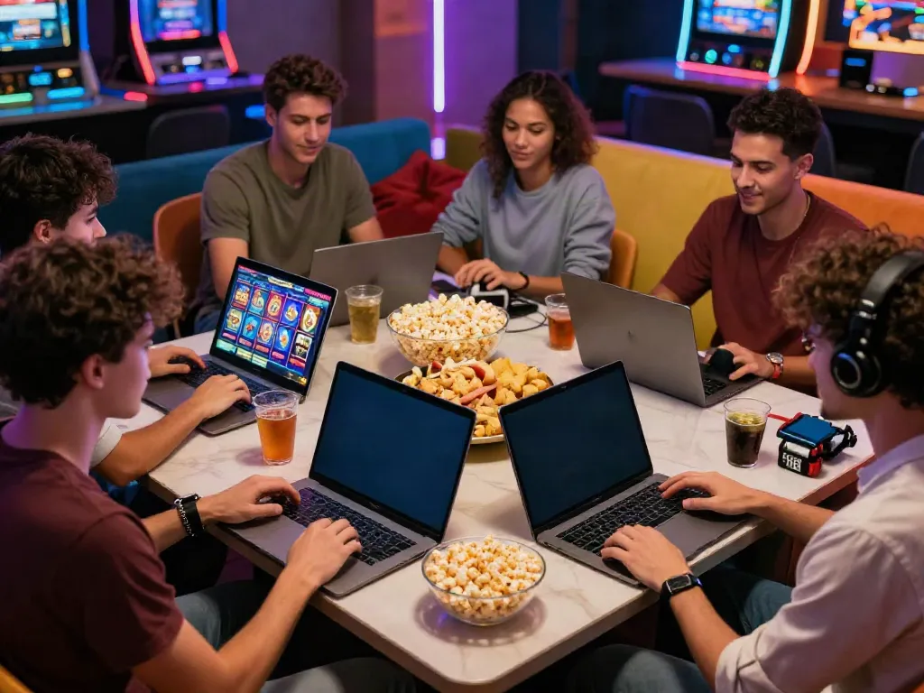 Friends enjoying uk slots not on gamstop at a vibrant gaming party.
