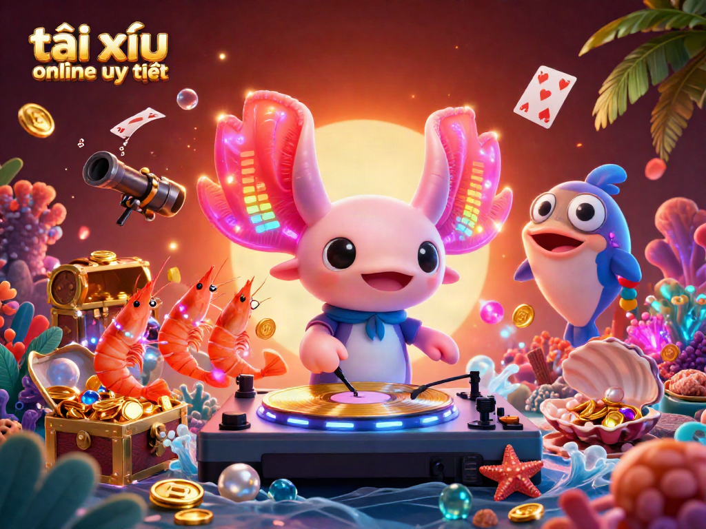 Experience the vibrant scene of tài xỉu online uy tín with a colorful axolotl DJ and underwater treasures.