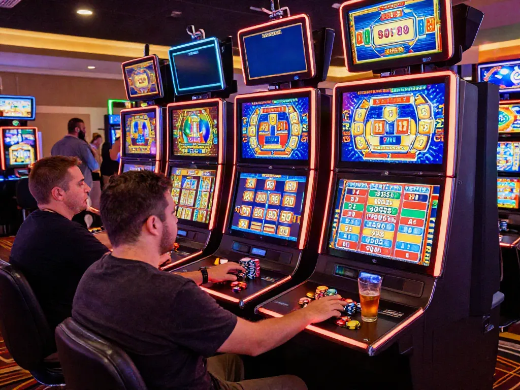 Engaged players enjoying uk slots not on gamstop at a lively casino.
