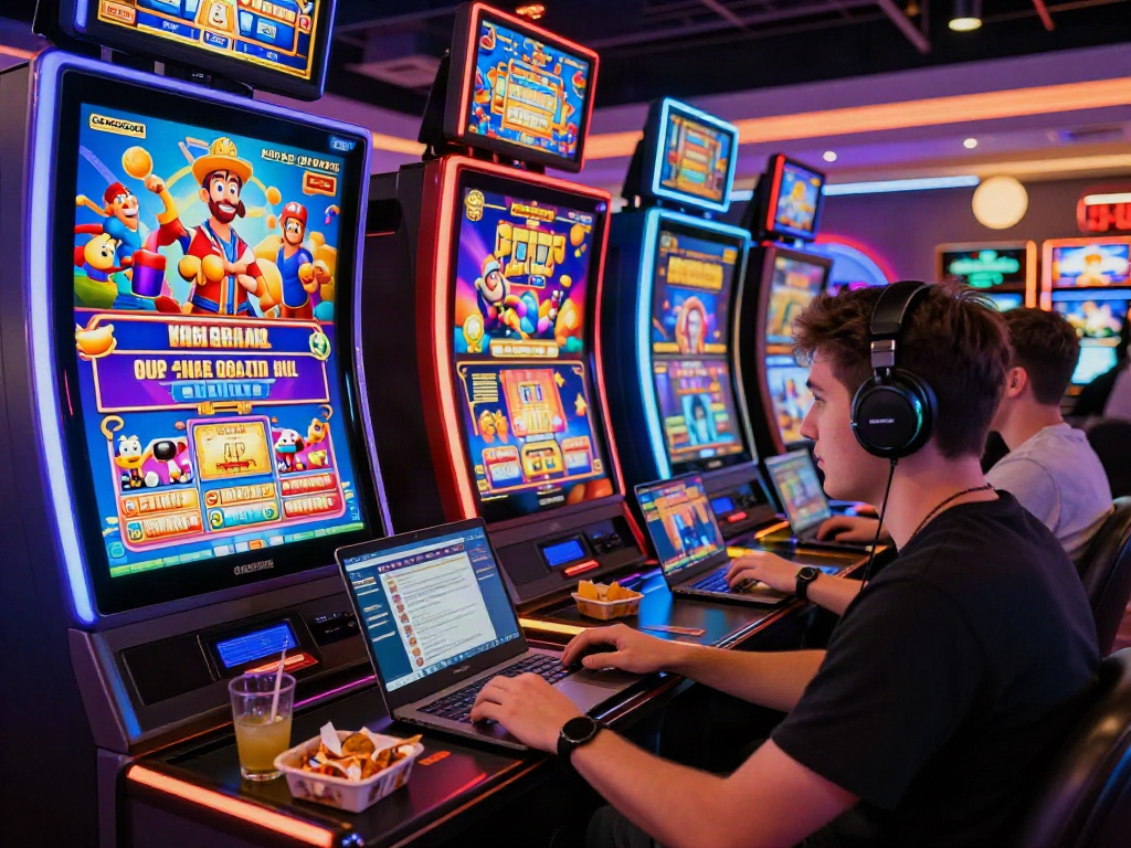 Engaging view of a player at uk slots not on gamstop in a colorful casino environment, showcasing vibrant slot machines and a lively atmosphere