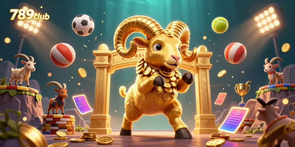 Bet on 789club with an exciting scene showcasing a golden ram charging through a gaming gate