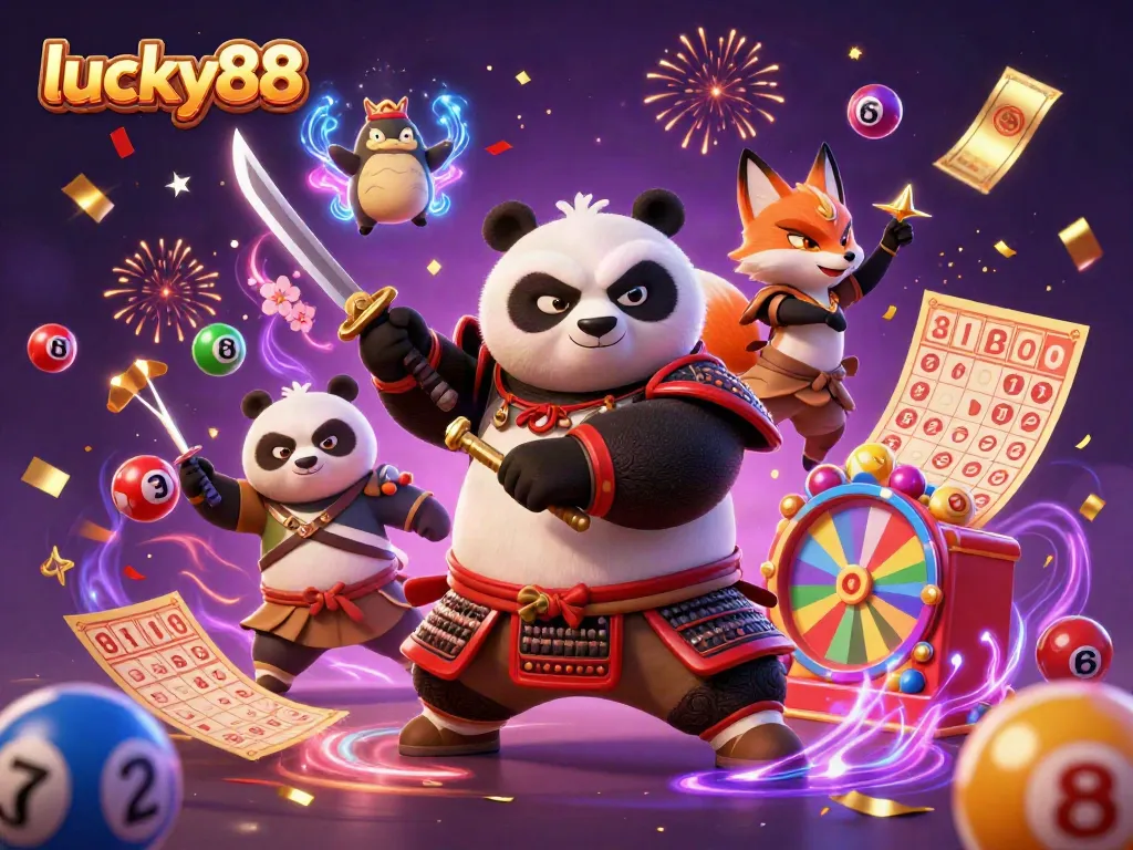 Win big with lucky88 in a vibrant 3D casino scene featuring mythical characters and colorful game elements.