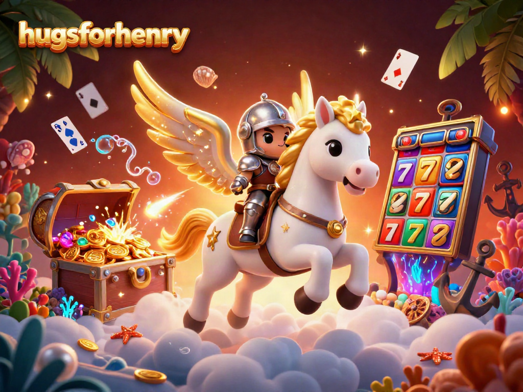 Experience the thrilling adventures of hugsforhenry with a magical horse and a brave knight in a vibrant casino scene.