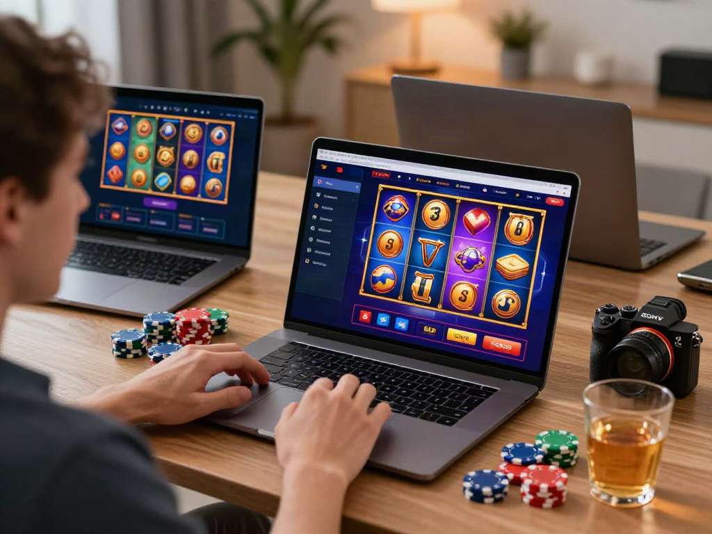 Engaging scene of a user choosing uk slots not on gamstop in a cozy home environment.