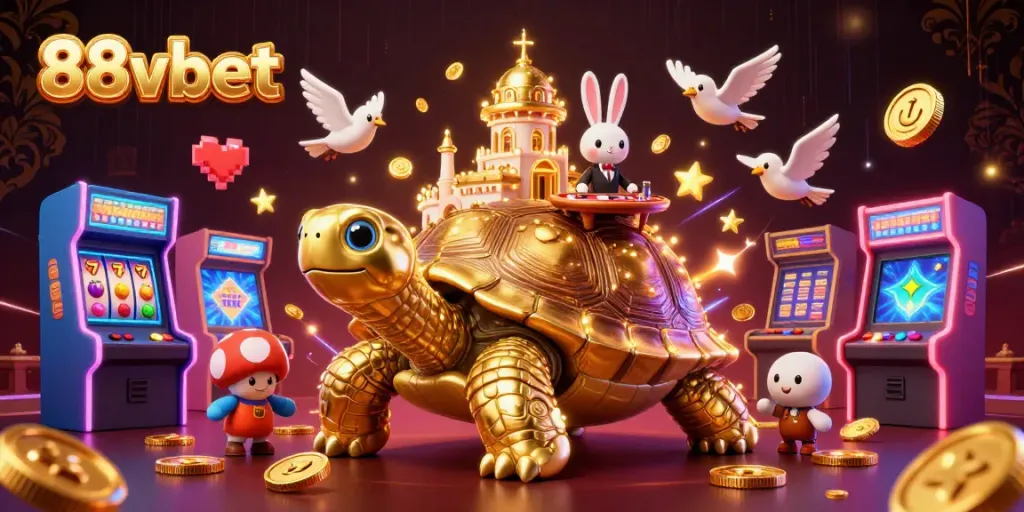 Experience dynamic gaming action with 88vbet's vibrant casino scene featuring a tortoise and vibrant game symbols.