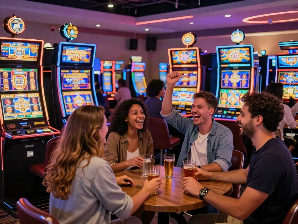 Exciting scene of uk slots not on gamstop with friends celebrating wins at colorful machines.