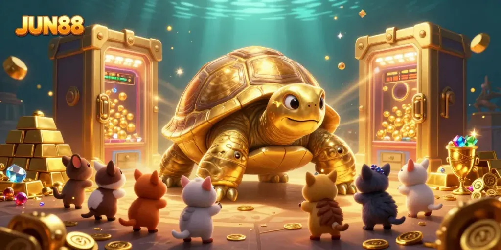 Experience the thrill of JUN88 with a vibrant casino scene featuring a colossal tortoise and treasure elements.