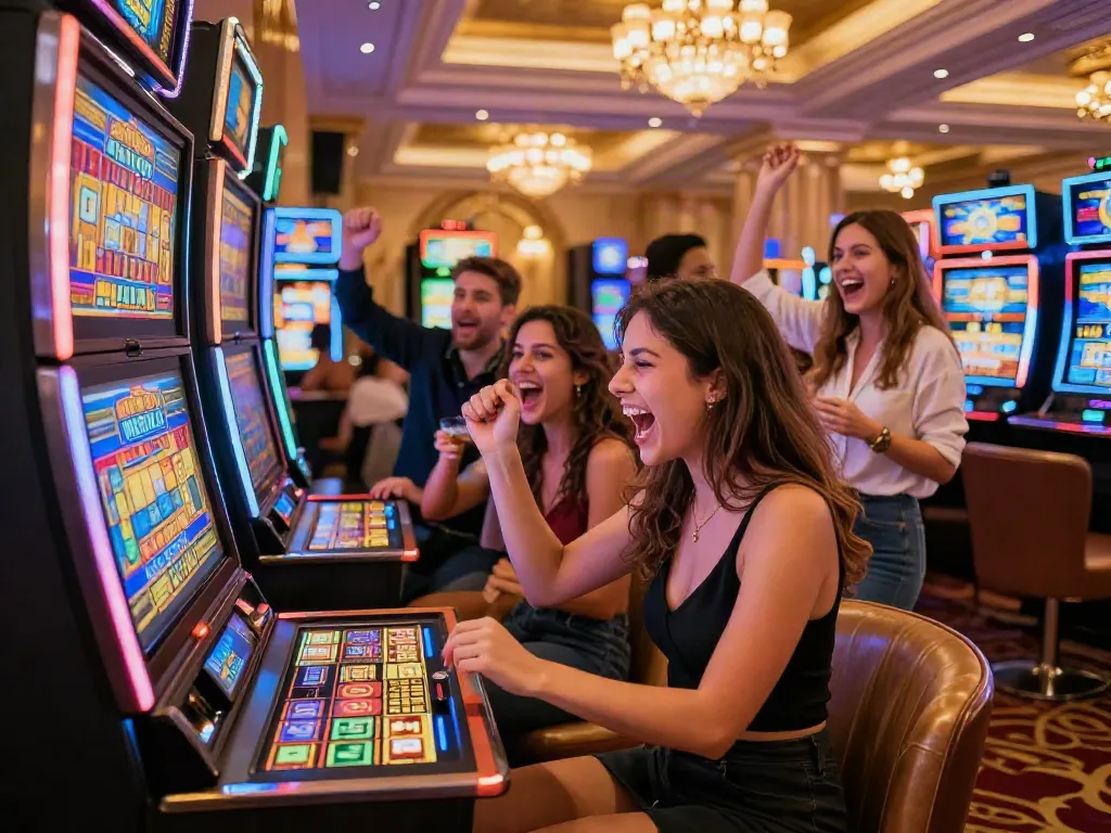 Friends celebrating a win on vibrant uk slots not on gamstop in a lively casino.