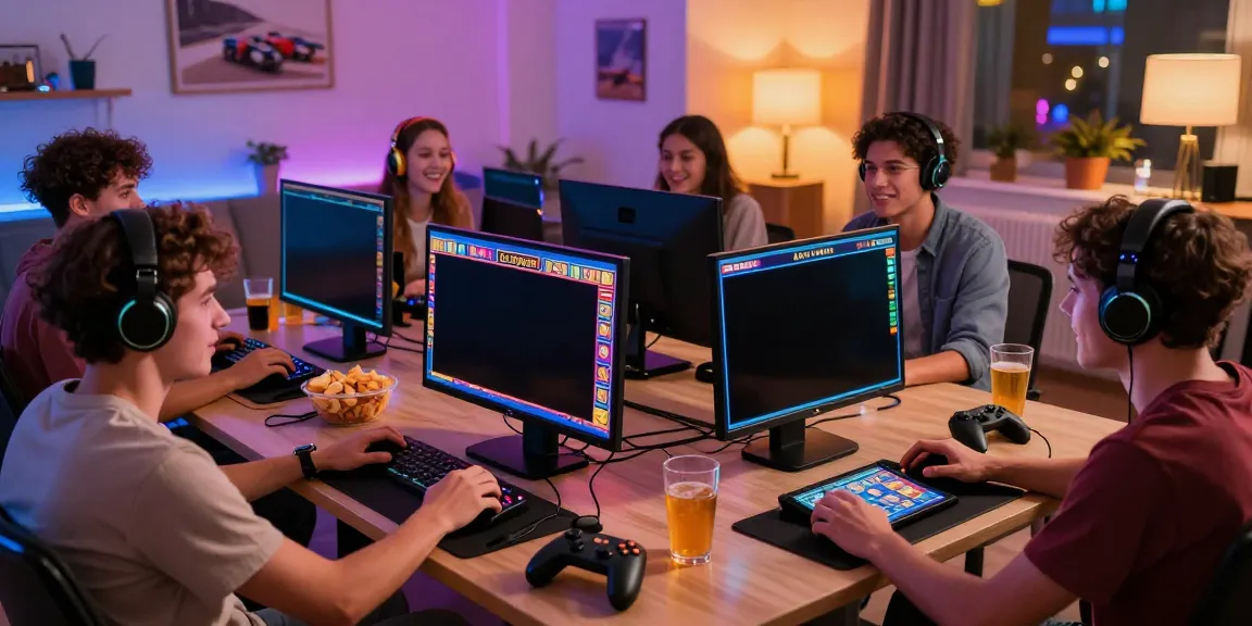 Friends enjoying UK slots not on GamStop, excitedly gaming together with snacks.