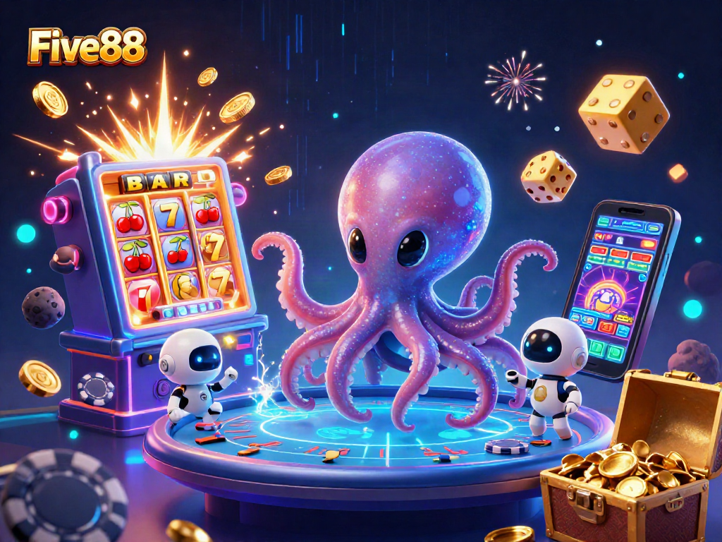 Play in an exciting Five88 casino with a holographic poker setup and an alien octopus dealer.
