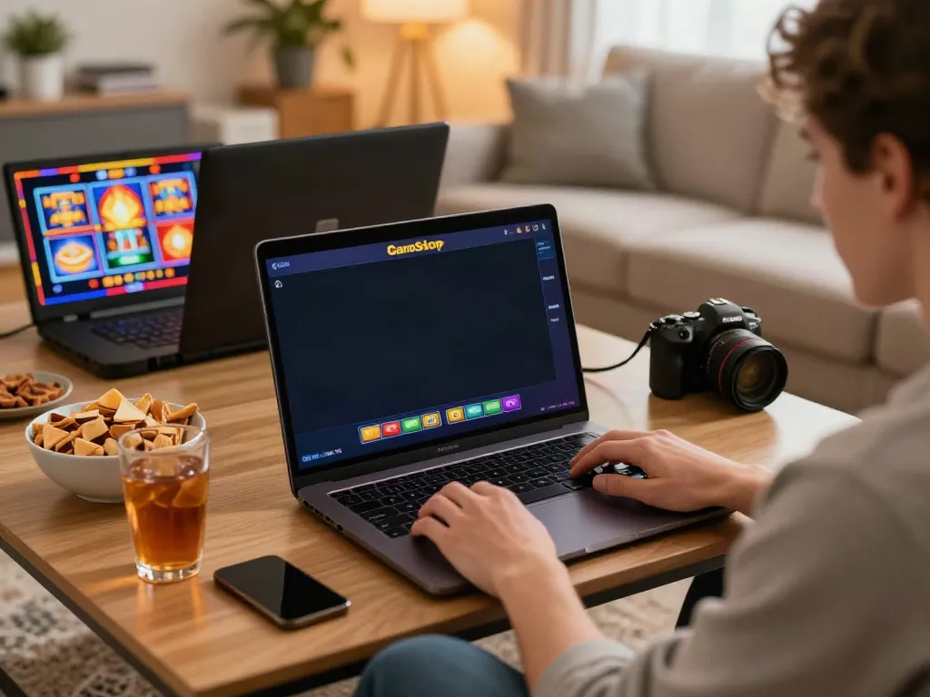 Enjoying online slots not on GamStop in a cozy home environment with snacks and bright game graphics.