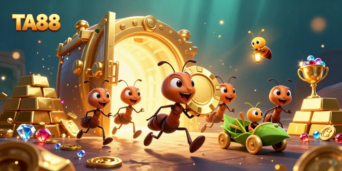 TA88 ants heist illustration showcasing a golden poker chip amidst sparkling treasures and dynamic action.
