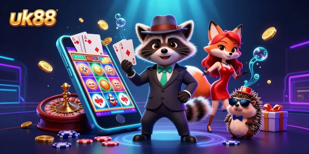 Play exciting casino games like uk88 with vibrant action and colorful slots in this dynamic illustration.