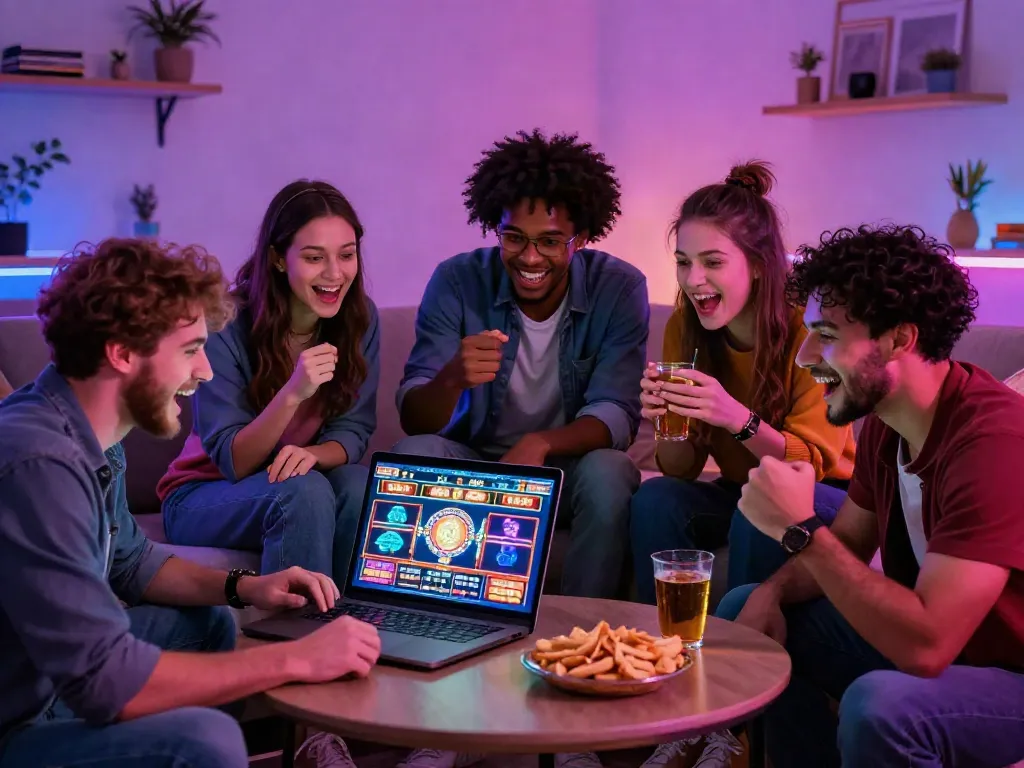 Friends enjoying uk slots not on gamstop together in a lively setting