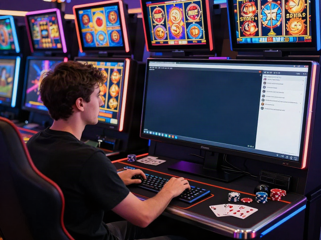 Player enjoying uk slots not on gamstop at a modern gaming desk.