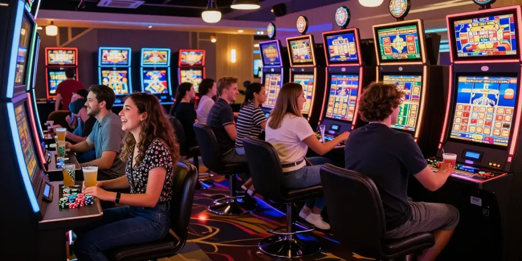 Exciting gaming lounge with friends playing uk slots not on gamstop, vibrant atmosphere, lively interaction.