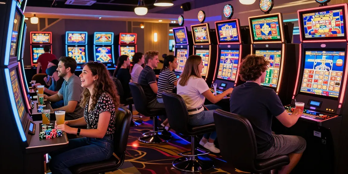 Exciting gaming lounge with friends playing uk slots not on gamstop, vibrant atmosphere, lively interaction.