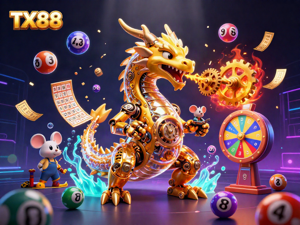 Engage in dynamic gaming action with TX88, featuring a vibrant illustration of a dragon amidst colorful lottery elements.