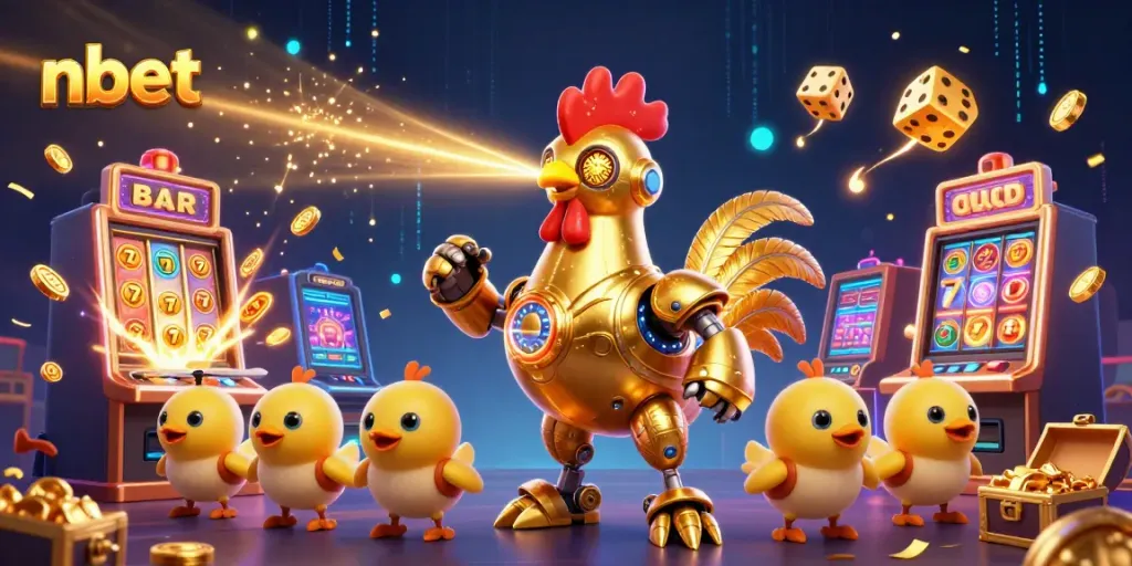 Engage with nbet's thrilling casino experience featuring a golden rooster robot and exciting game elements.