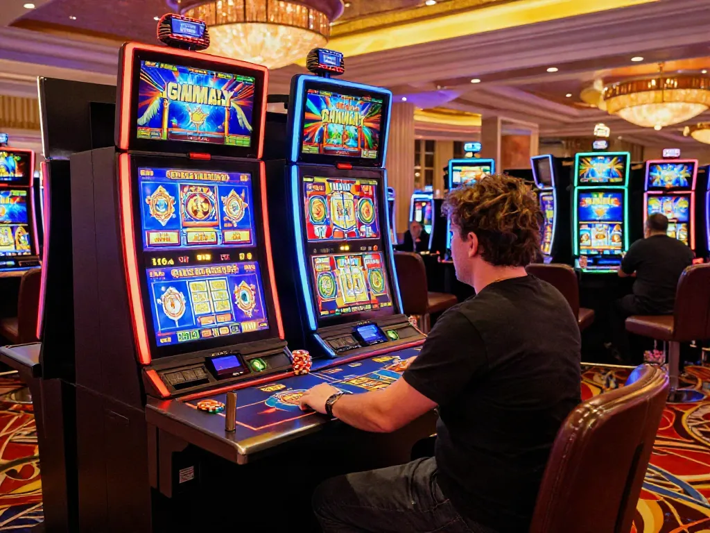 Engaging scene with person playing uk slots not on gamstop at a vibrant casino table surrounded by colorful slot machines.