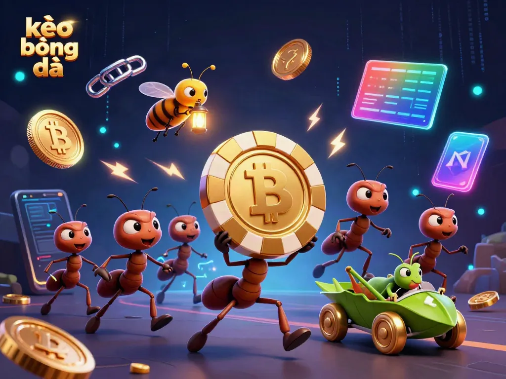 Engaging scene illustrating kèo bóng đá with ants heisting a giant poker chip amidst digital crypto elements.