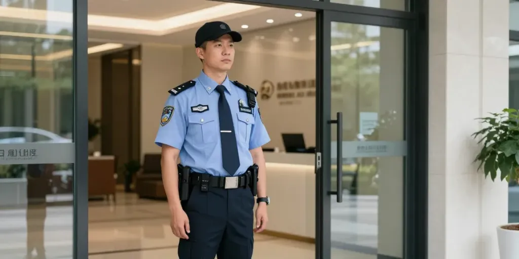 Security guard providing professional protection at a local business.