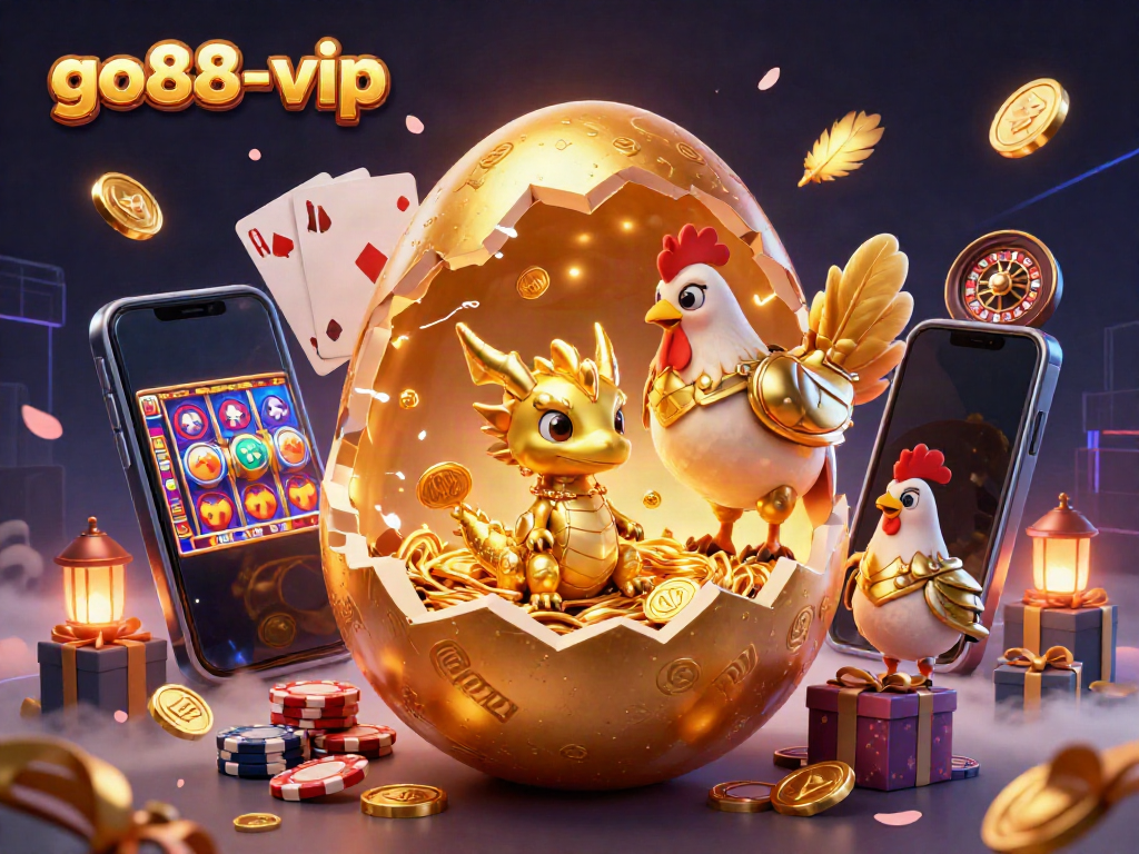 Experience the thrill at go88-vip with a vibrant 3D casino scene featuring a golden dragon and dynamic gaming elements.