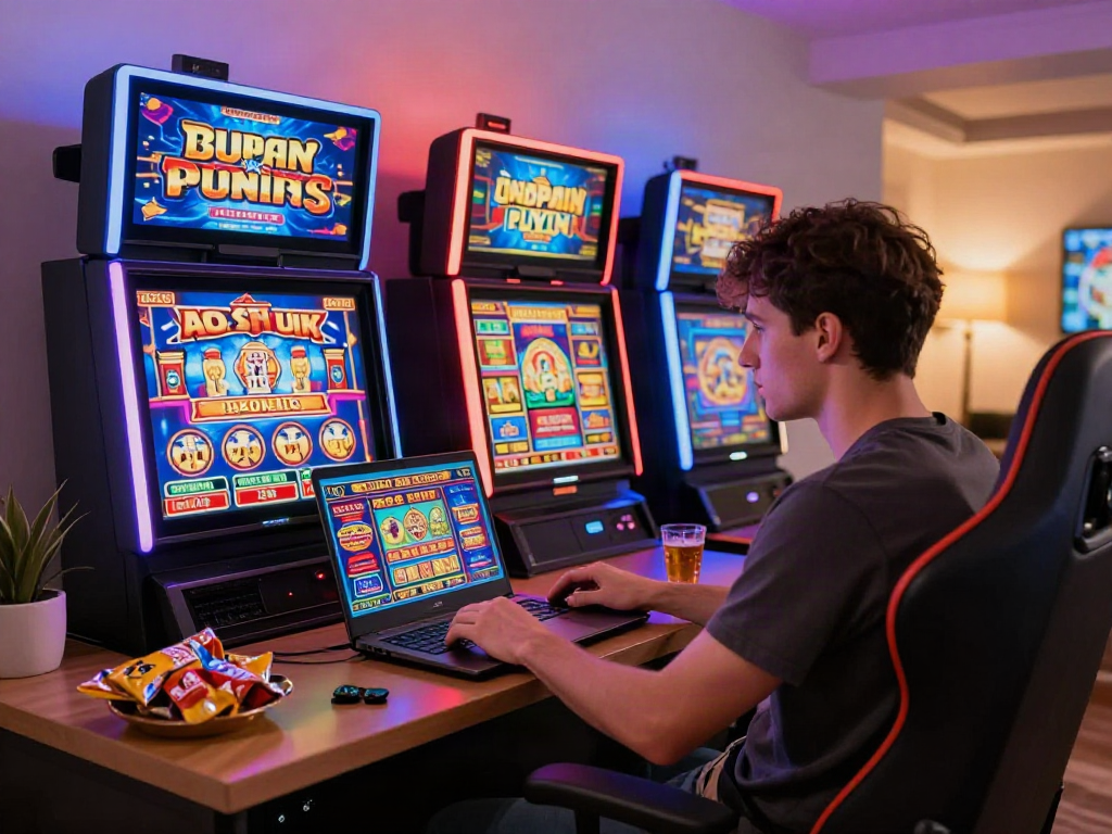 Player enjoying uk slots not on gamstop in a cozy home office.