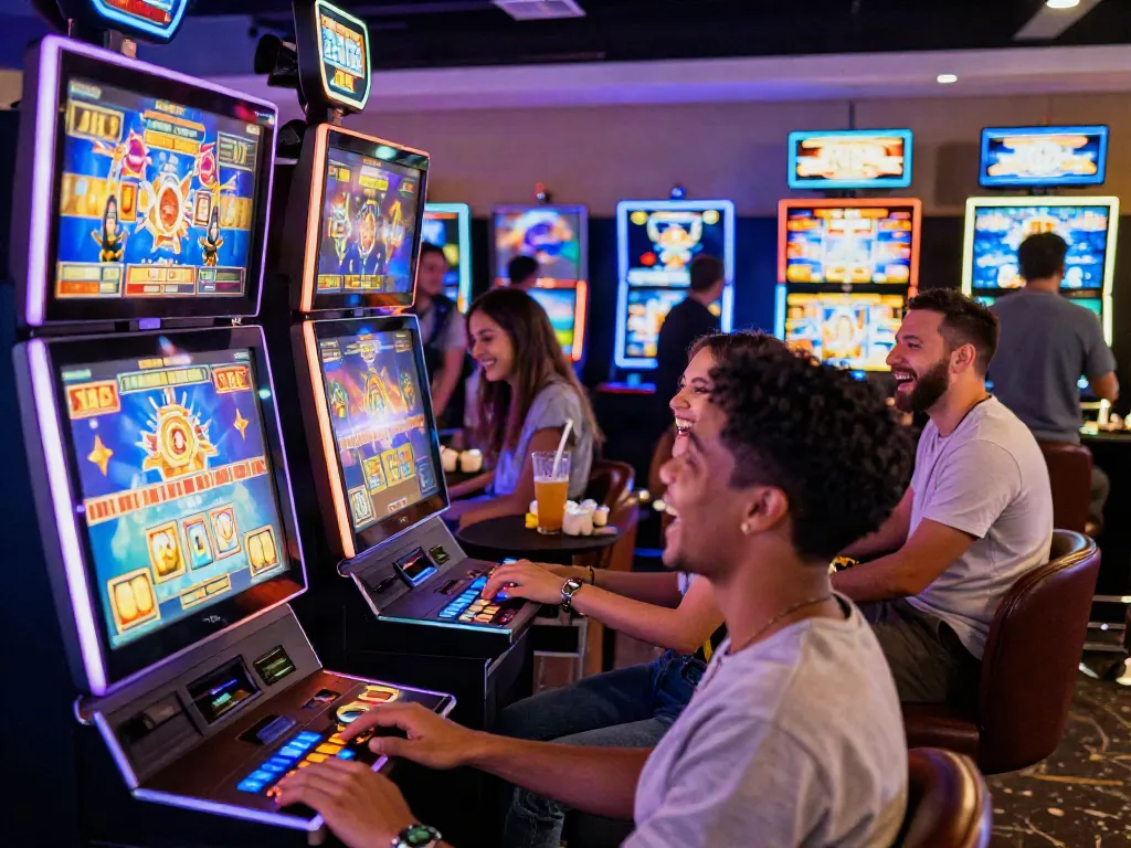 Engaged players enjoying uk slots not on gamstop in a lively casino atmosphere.
