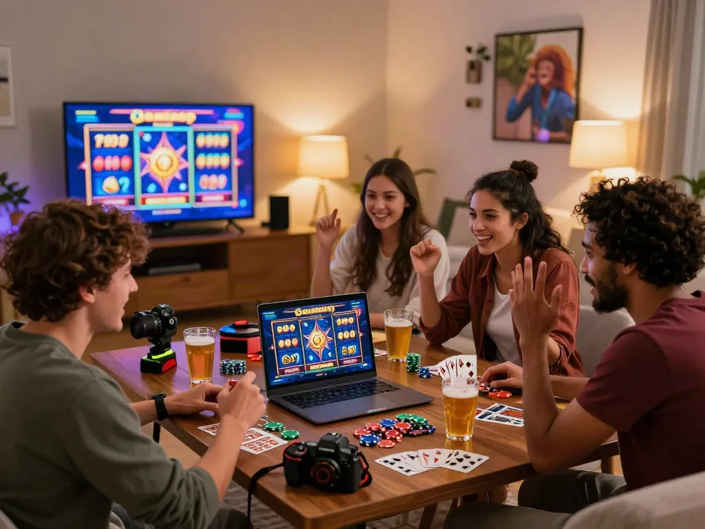 Friends enjoying online slots not on GamStop in cozy living room.