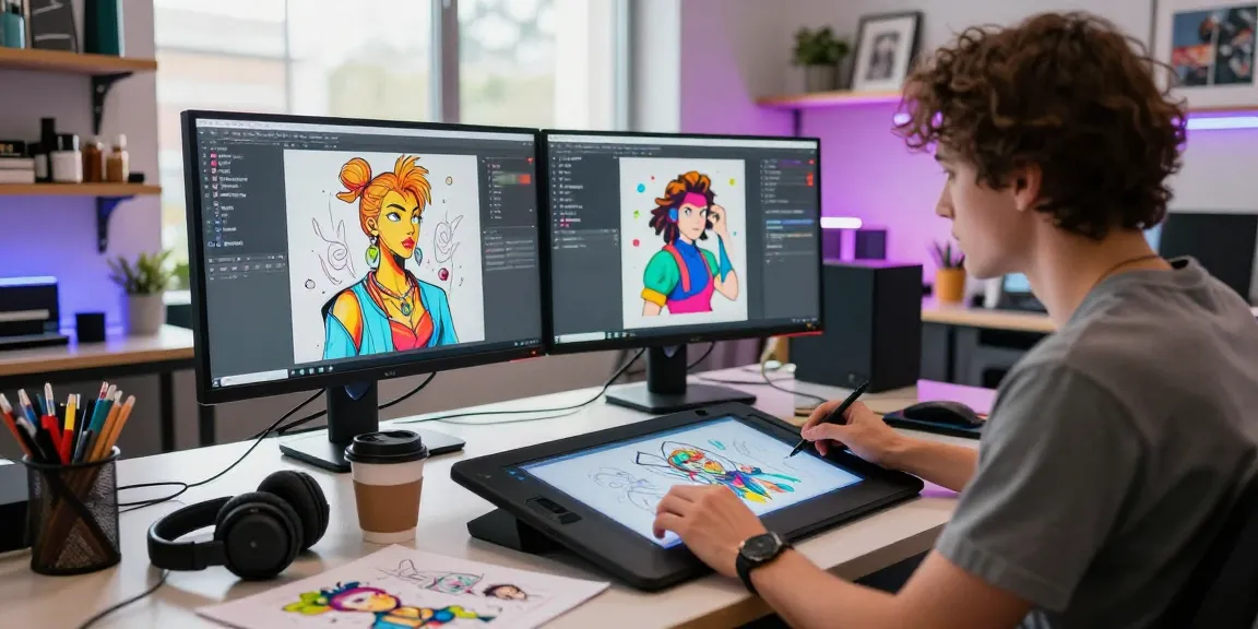 Artistic workspace generating ai nsfw content with creative tools and vibrant colors.