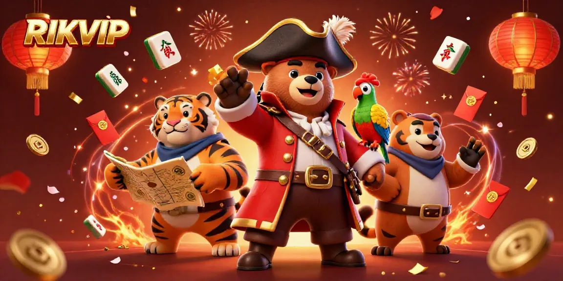 Engage with RIKVIP's vibrant gaming atmosphere featuring 3D pirate characters and festive casino elements.